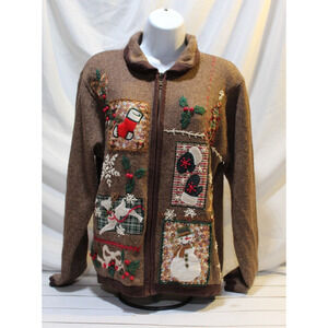 B.P.Design Vtg Wool Blend Women's M Brown Full-Zip Christmas Sweater Embroidered